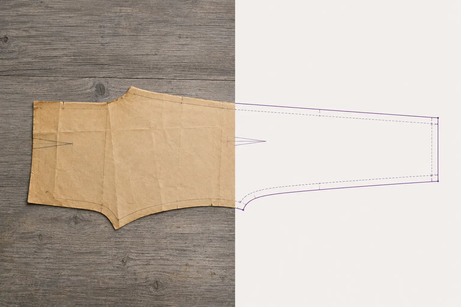 Vintage paper sewing pattern piece next to its digitized vector version