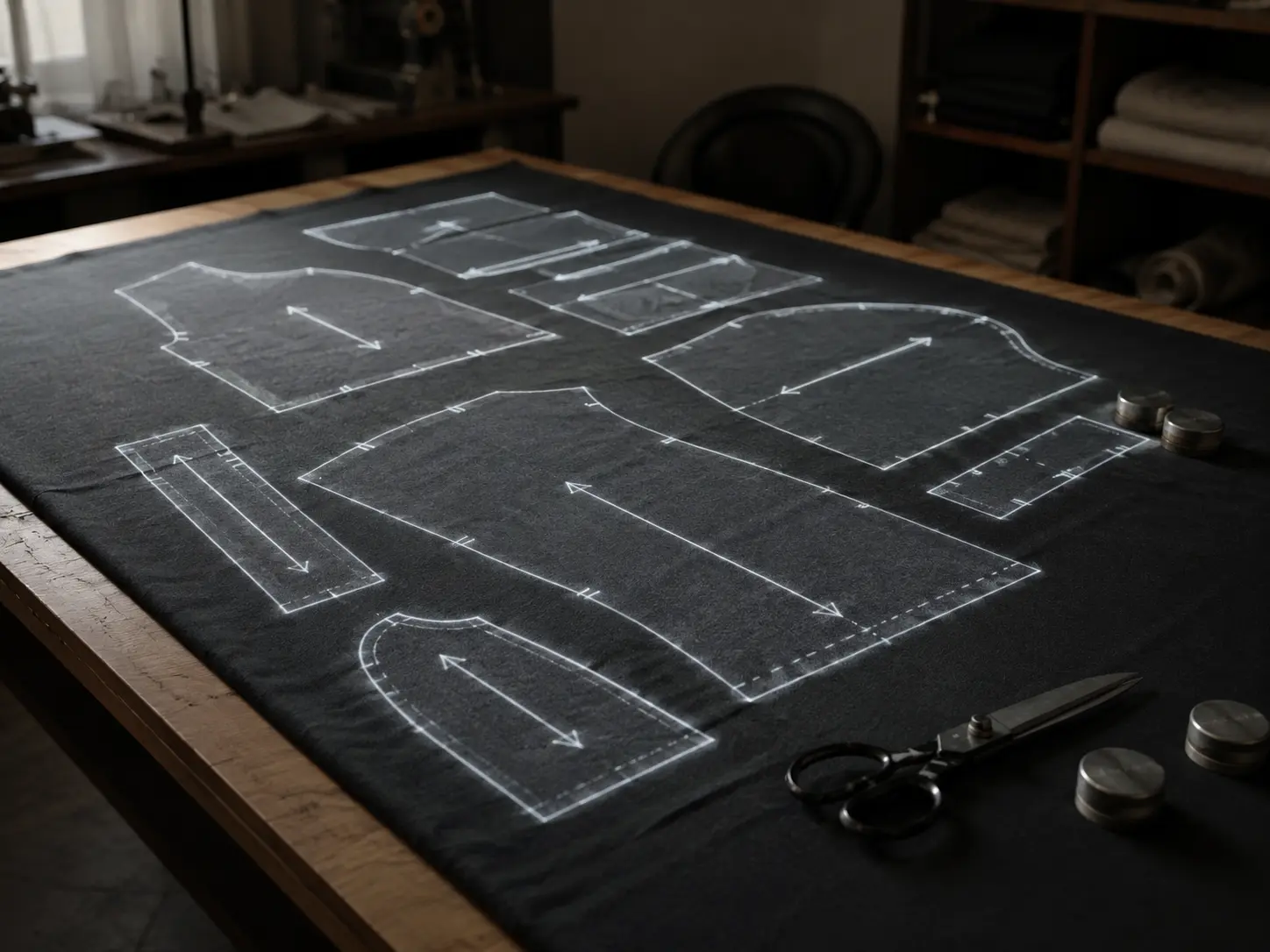Sewing pattern pieces projected onto dark fabric for cutting