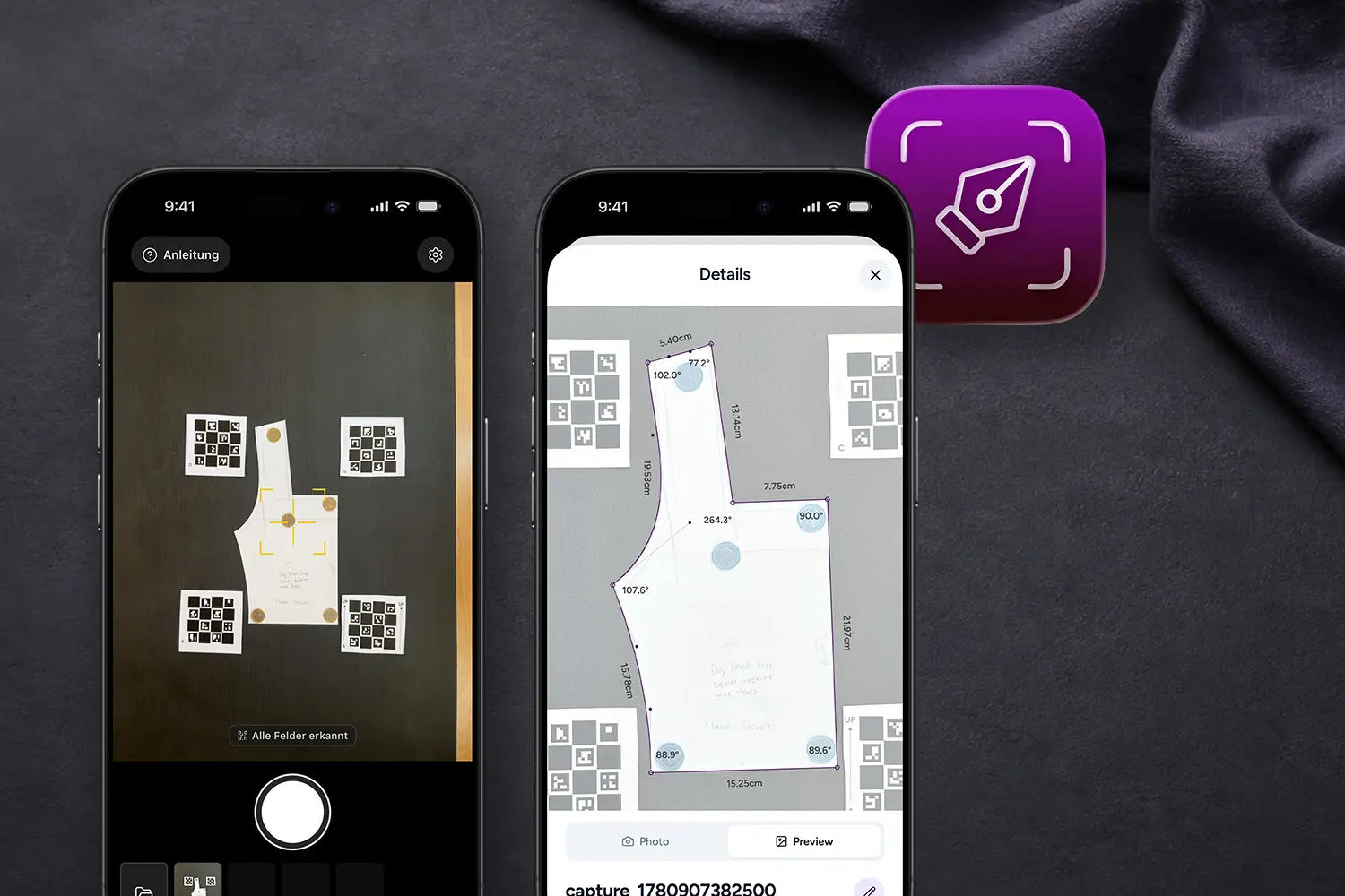 Two iPhones showing pattern capture with Reference Tiles and the measured result
