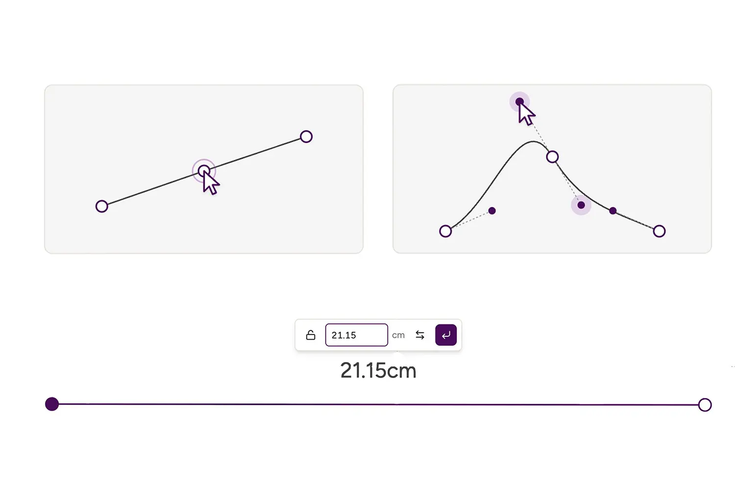 Bezier handles turning a straight line into a curve, with an exact length entered