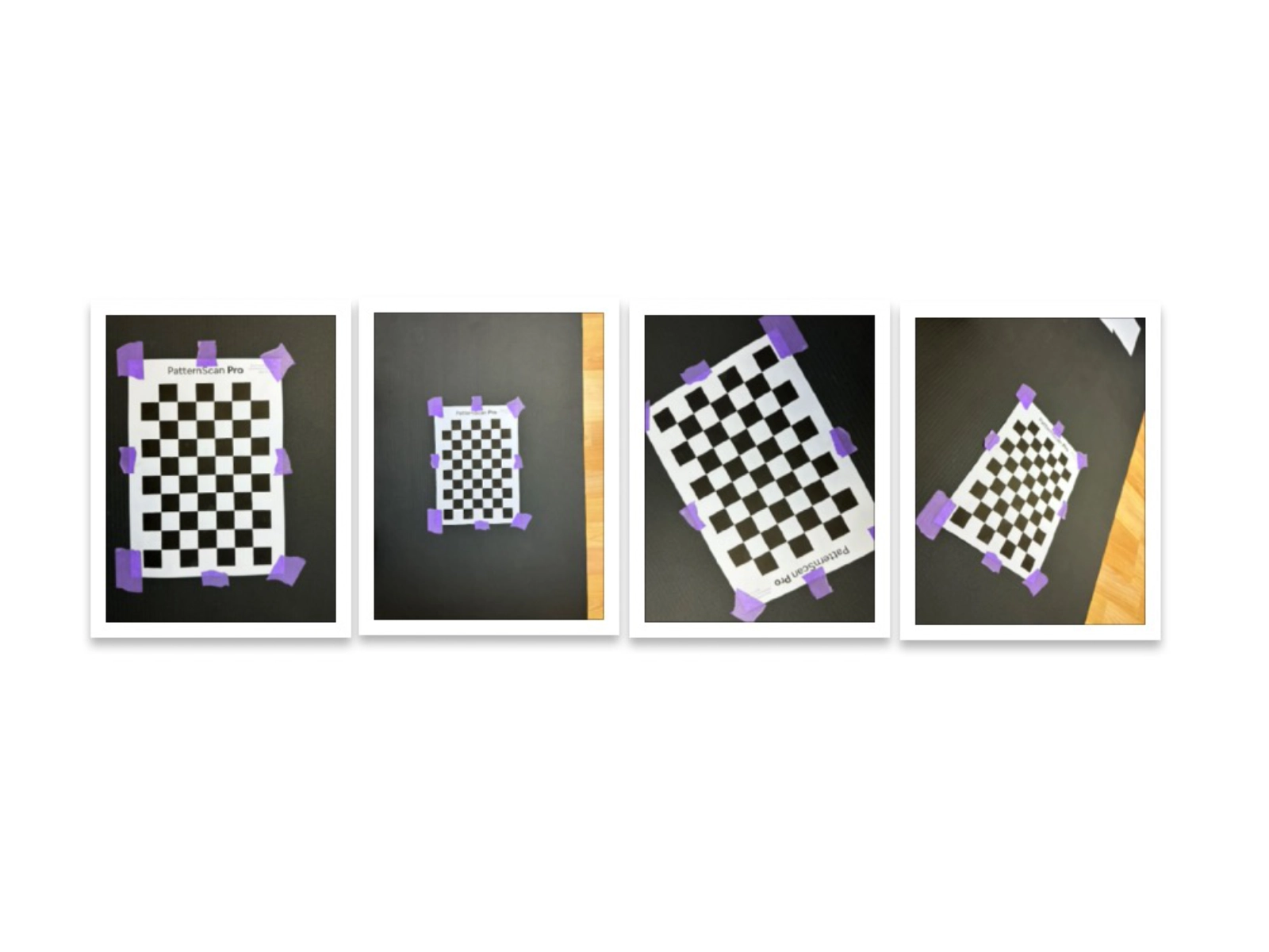 Four frontal photos of the checkerboard at different distances