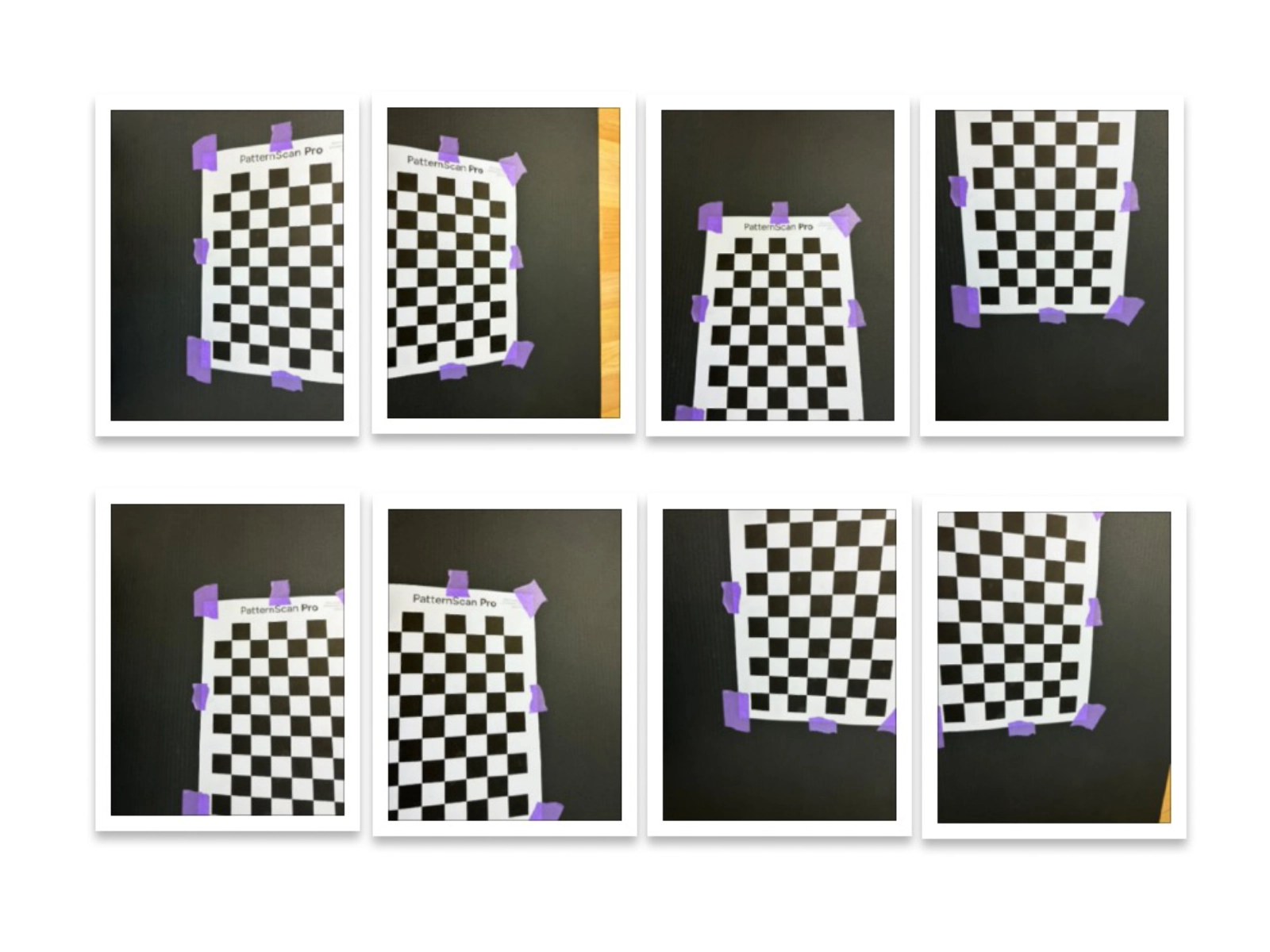 Eight tilted photos of the checkerboard from the four sides