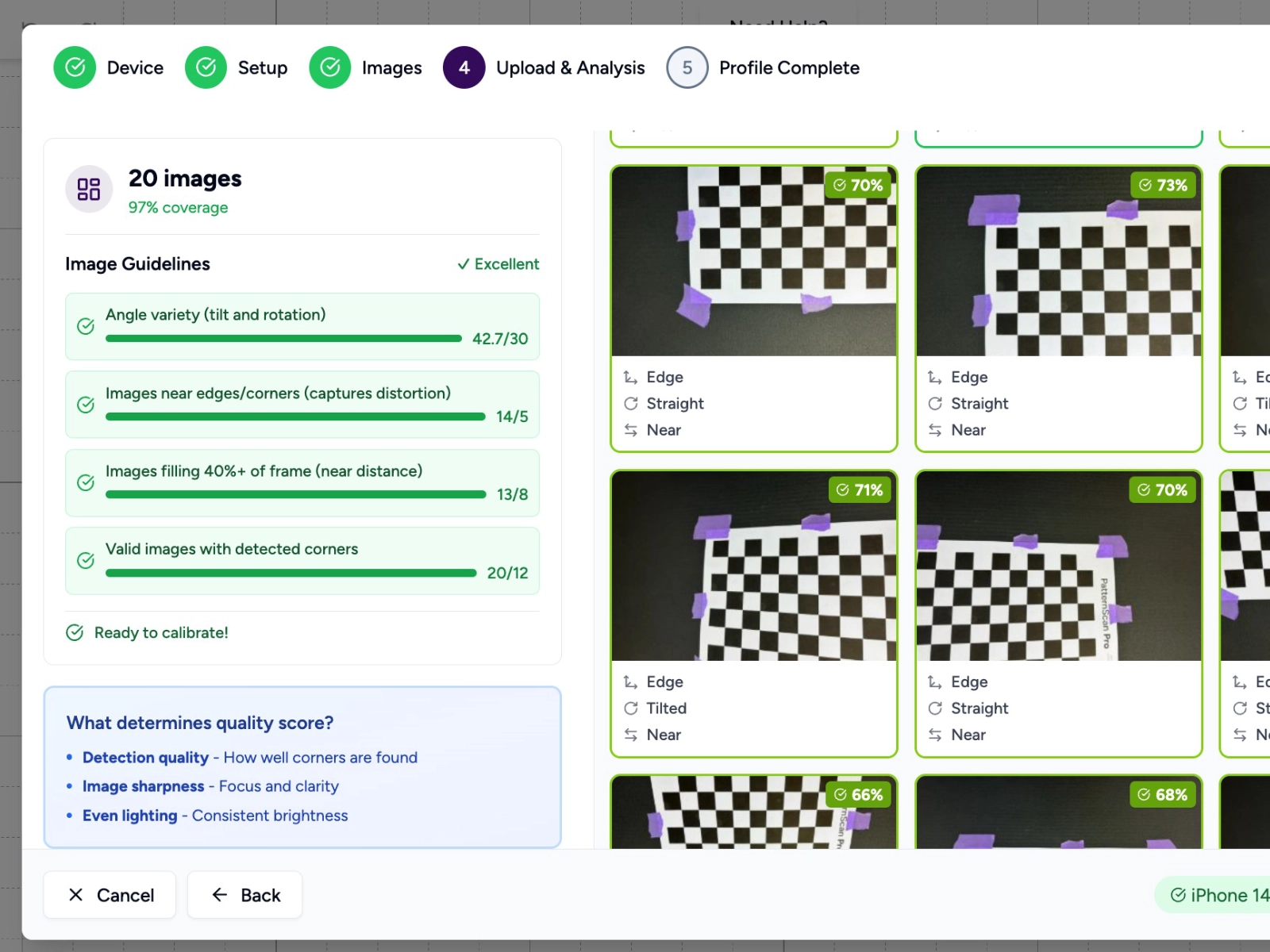 Calibration wizard showing 20 uploaded images and the quality checklist