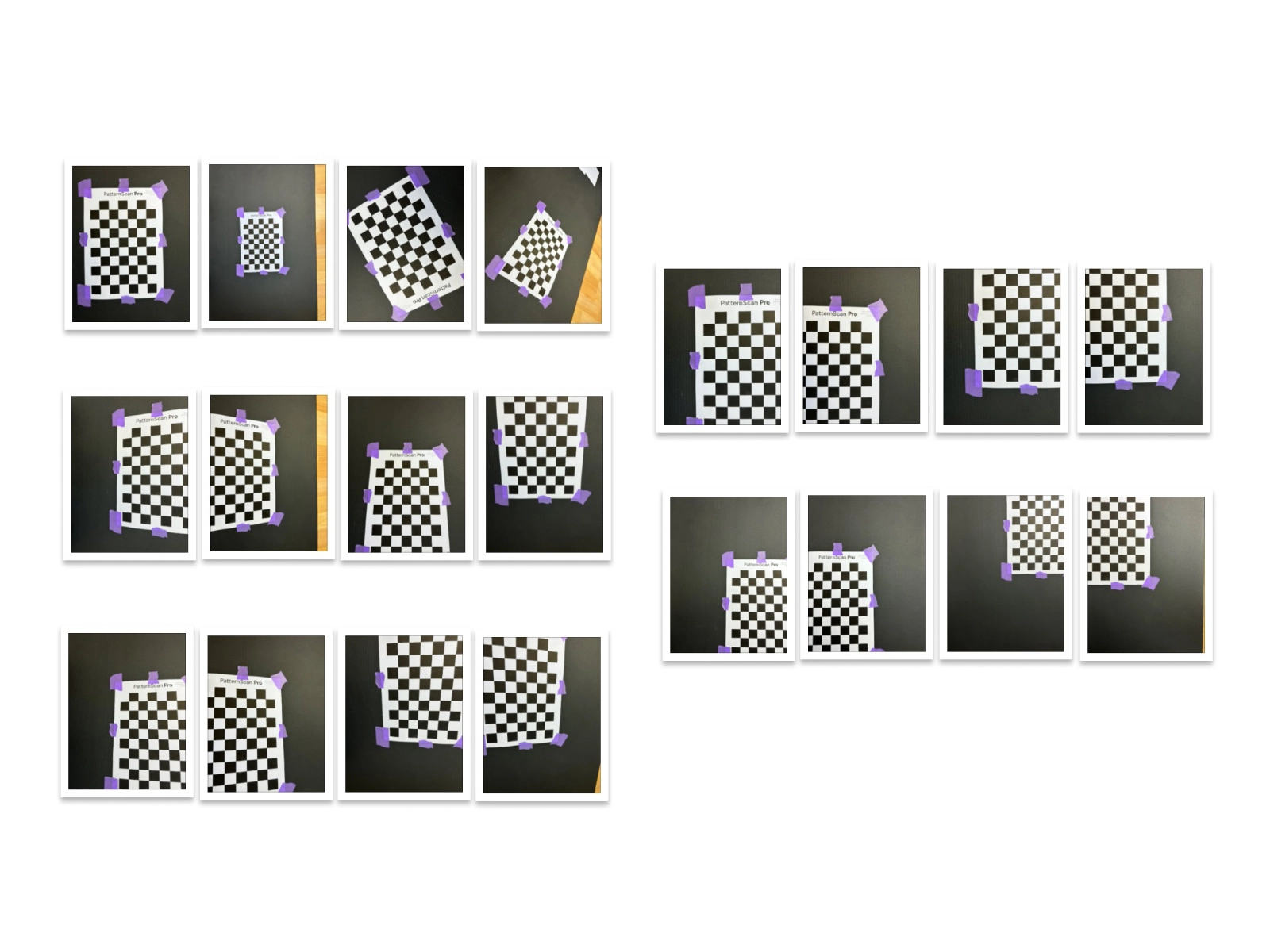 Overview of the checkerboard photo series from different angles and distances