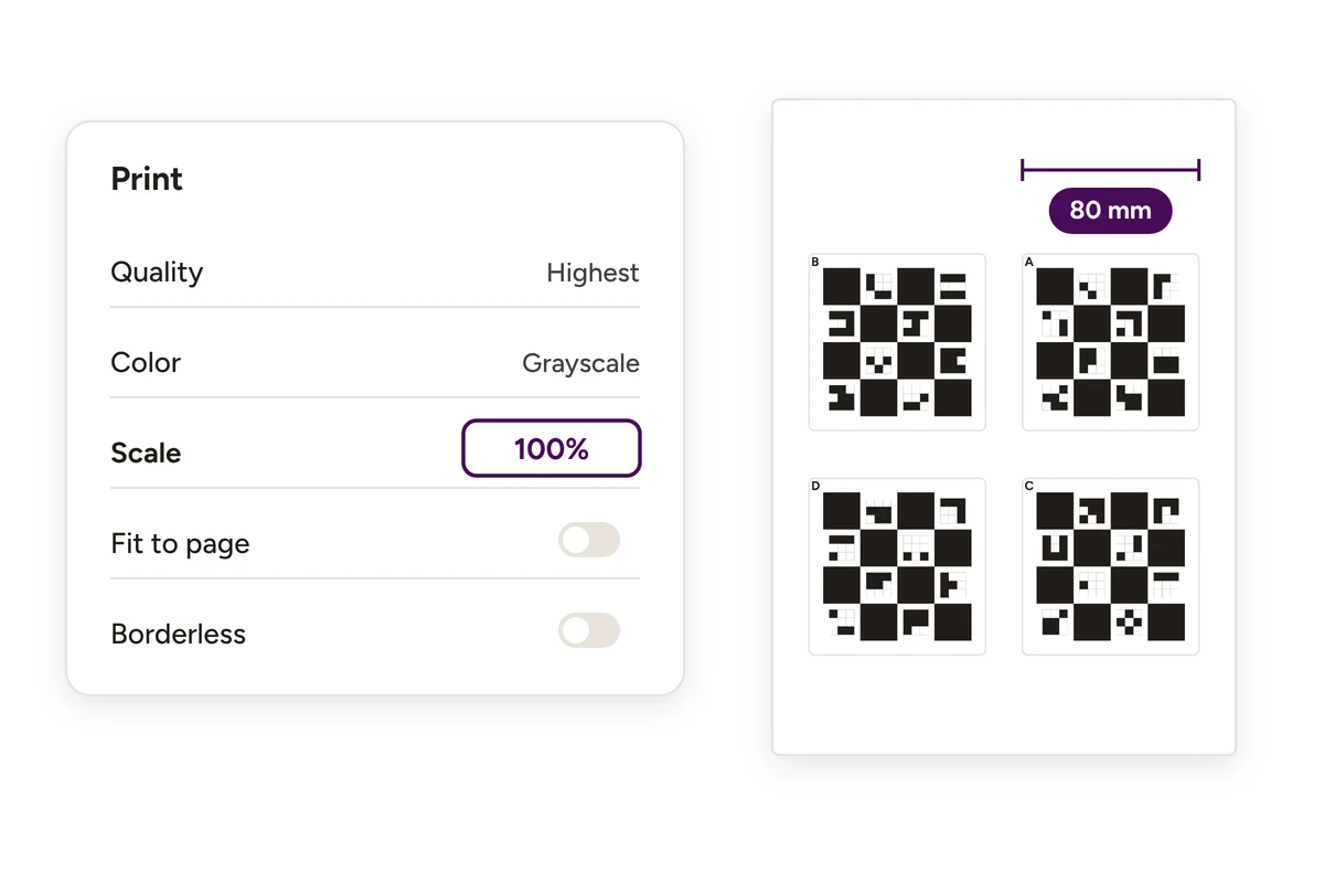 Print settings with scale at 100 percent, and a printed Reference Tile measuring 80 mm