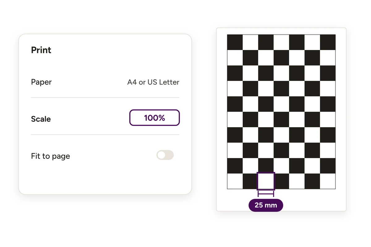 Print settings with scale at 100 percent, and a checkerboard square measuring 25 mm