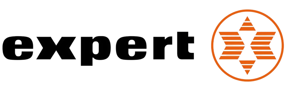 The word 'expert' in black lowercase letters next to an orange circular logo with striped arrow shapes inside.