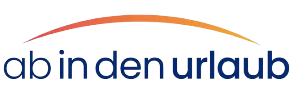 Logo with the text 'ab in den urlaub' in dark blue lowercase letters and a curved gradient arc above in shades from red to yellow.