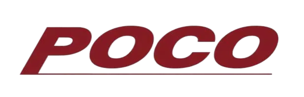 POCO logo in bold maroon letters with a horizontal line underneath.