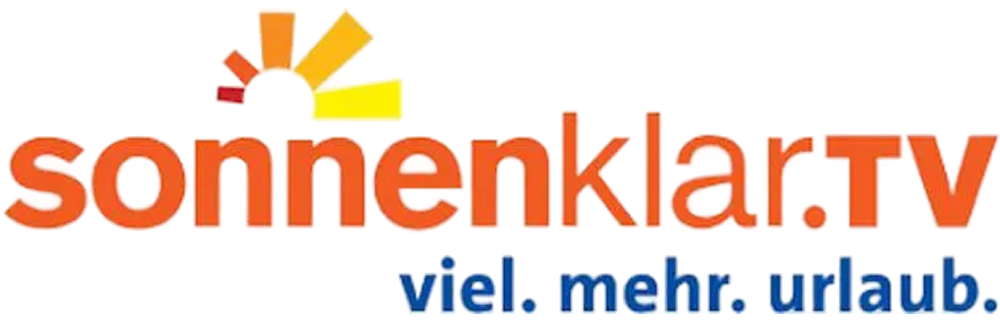 logo with the text 'sonnenklar.TV' in orange and a stylized yellow and orange sun above, with the slogan 'viel. mehr. urlaub.' in blue below