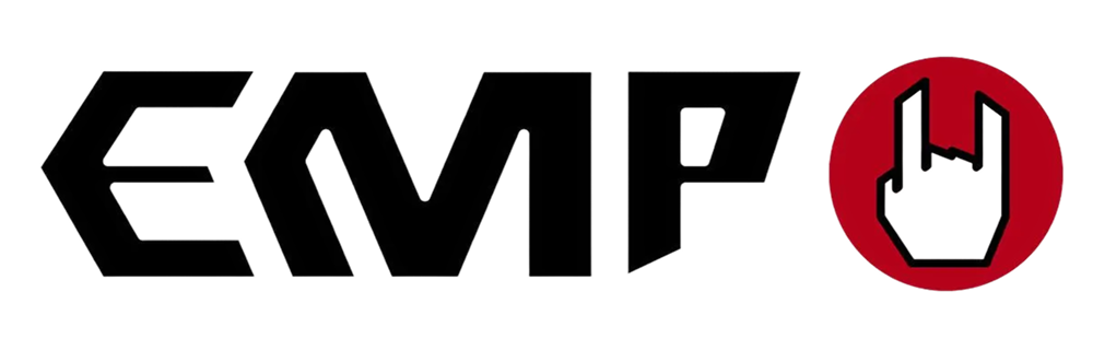 Black EMP logo with a red circle containing a black hand making the rock and roll gesture.