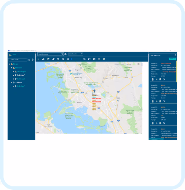 TaaS-MapView interface displaying geographic asset tracking with site navigation and real-time job workflow monitoring