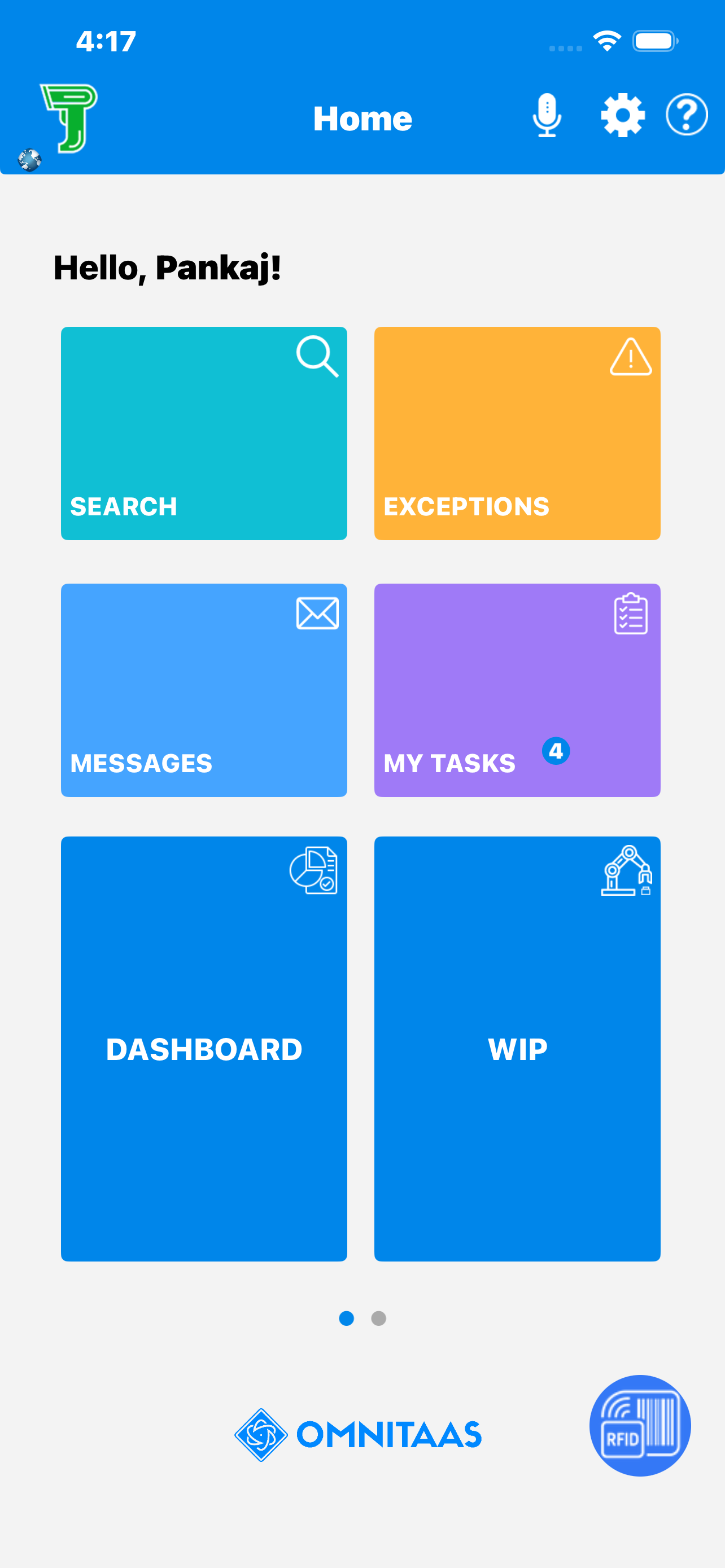 TaaS-MobileView iOS app interface showing search, exceptions, messages, tasks, dashboard, and WIP modules