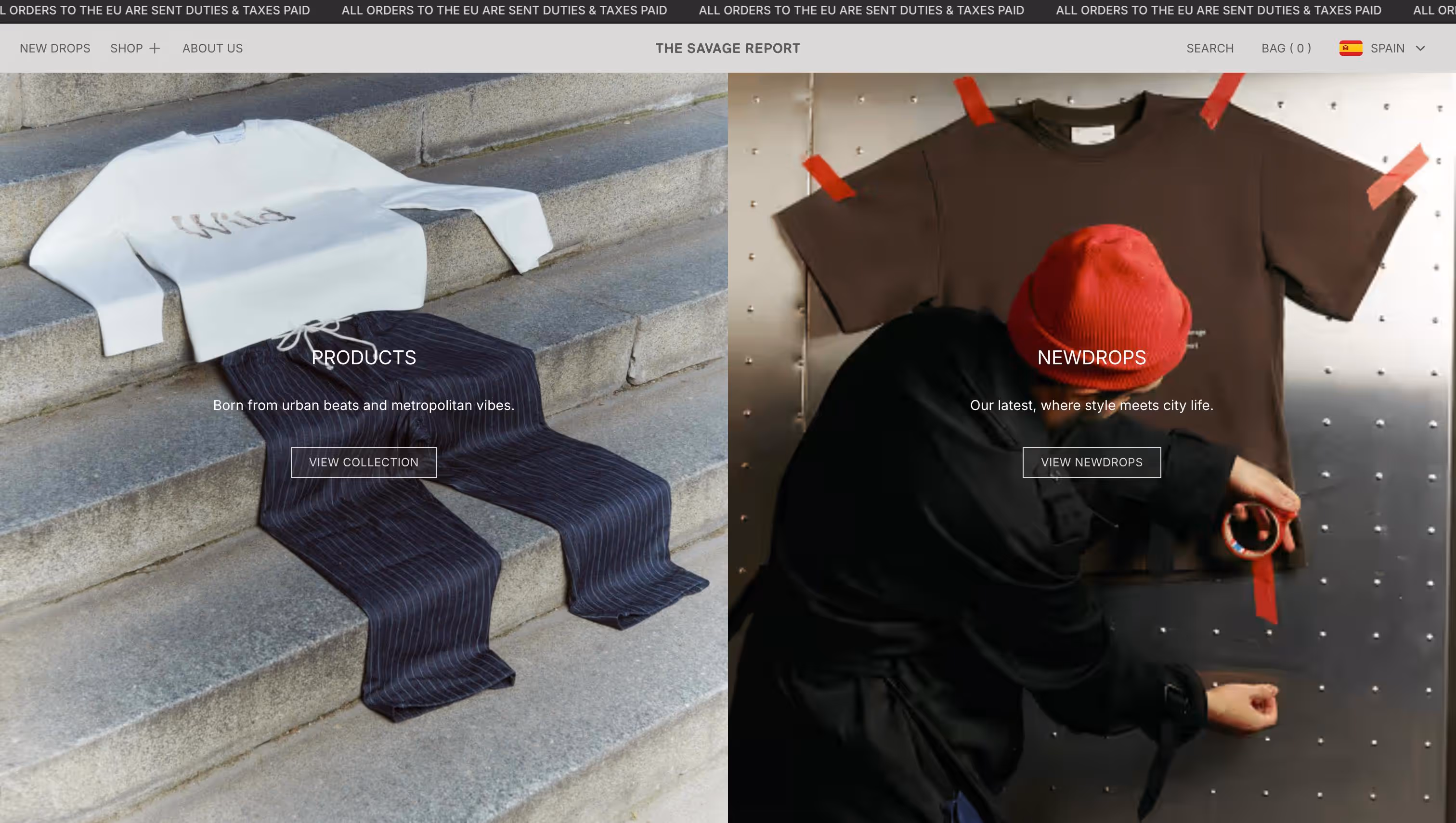 The Savage Report e-commerce homepage showcasing urban streetwear collection