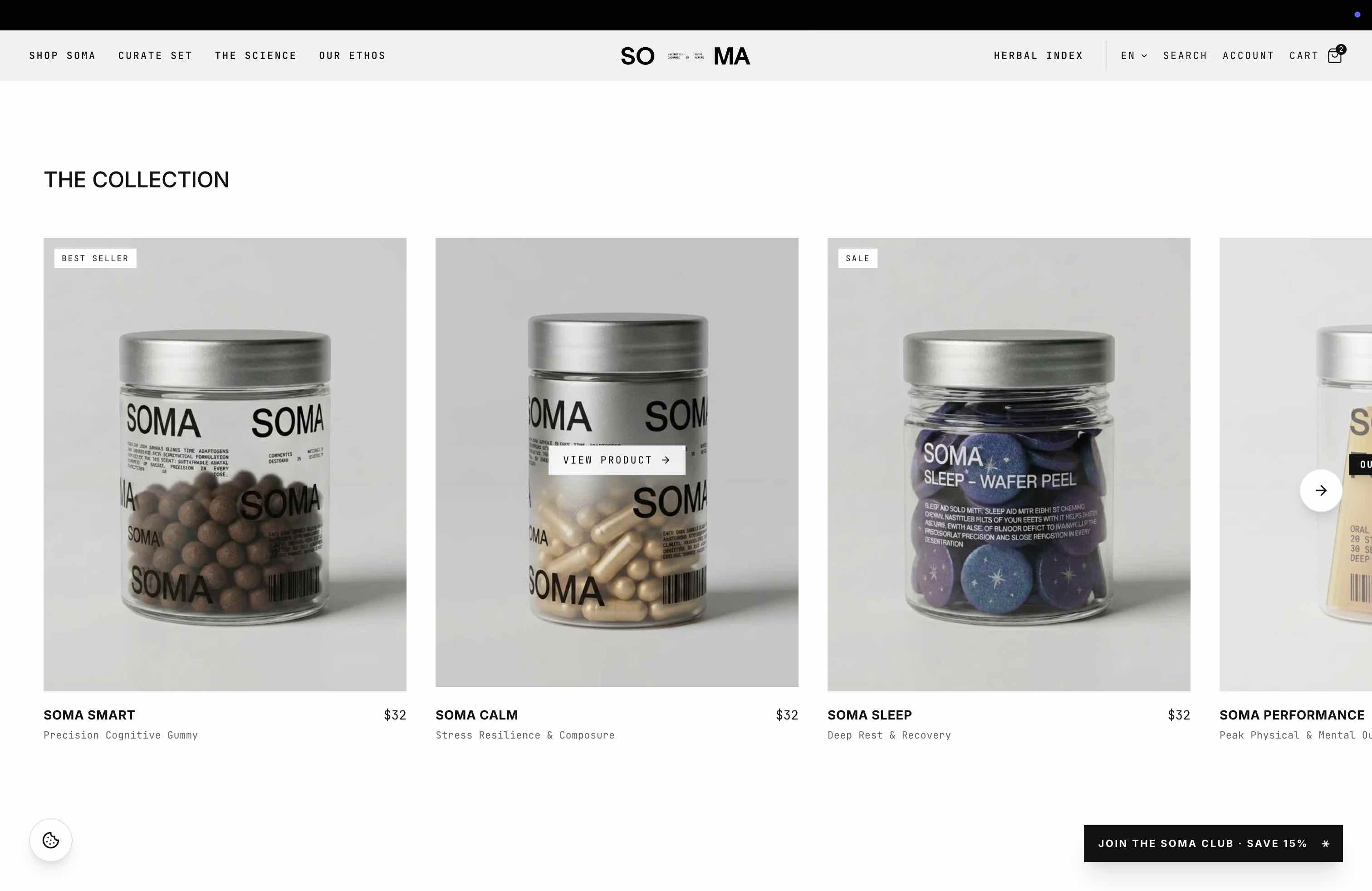 SOMA product detail page showing cognitive enhancement benefits