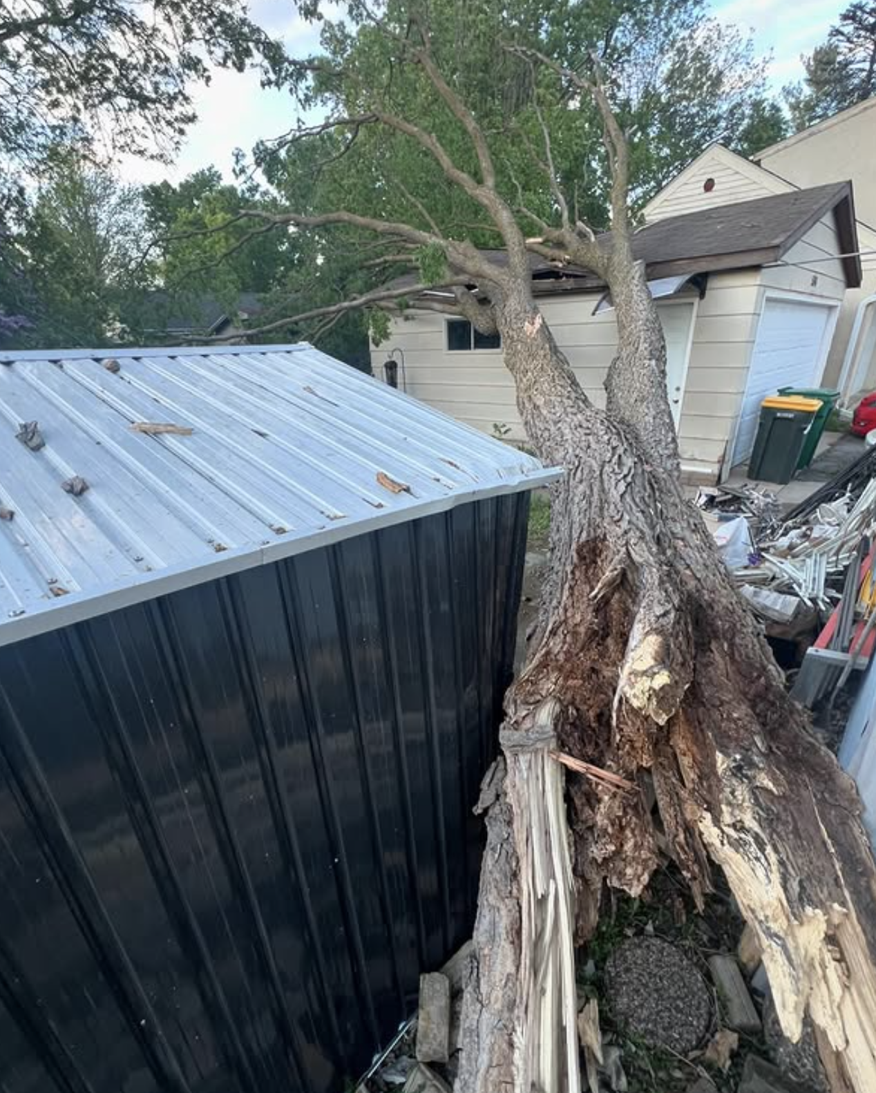 Large broken tree trunk leaning against the roof of a black metal shed with a beige garage and scattered debris in the background.