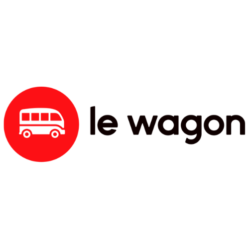 Red circle with a white bus icon next to the text 'le wagon'.