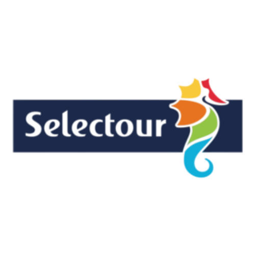 Selectour logo with colorful abstract seahorse and dark blue rectangle background.