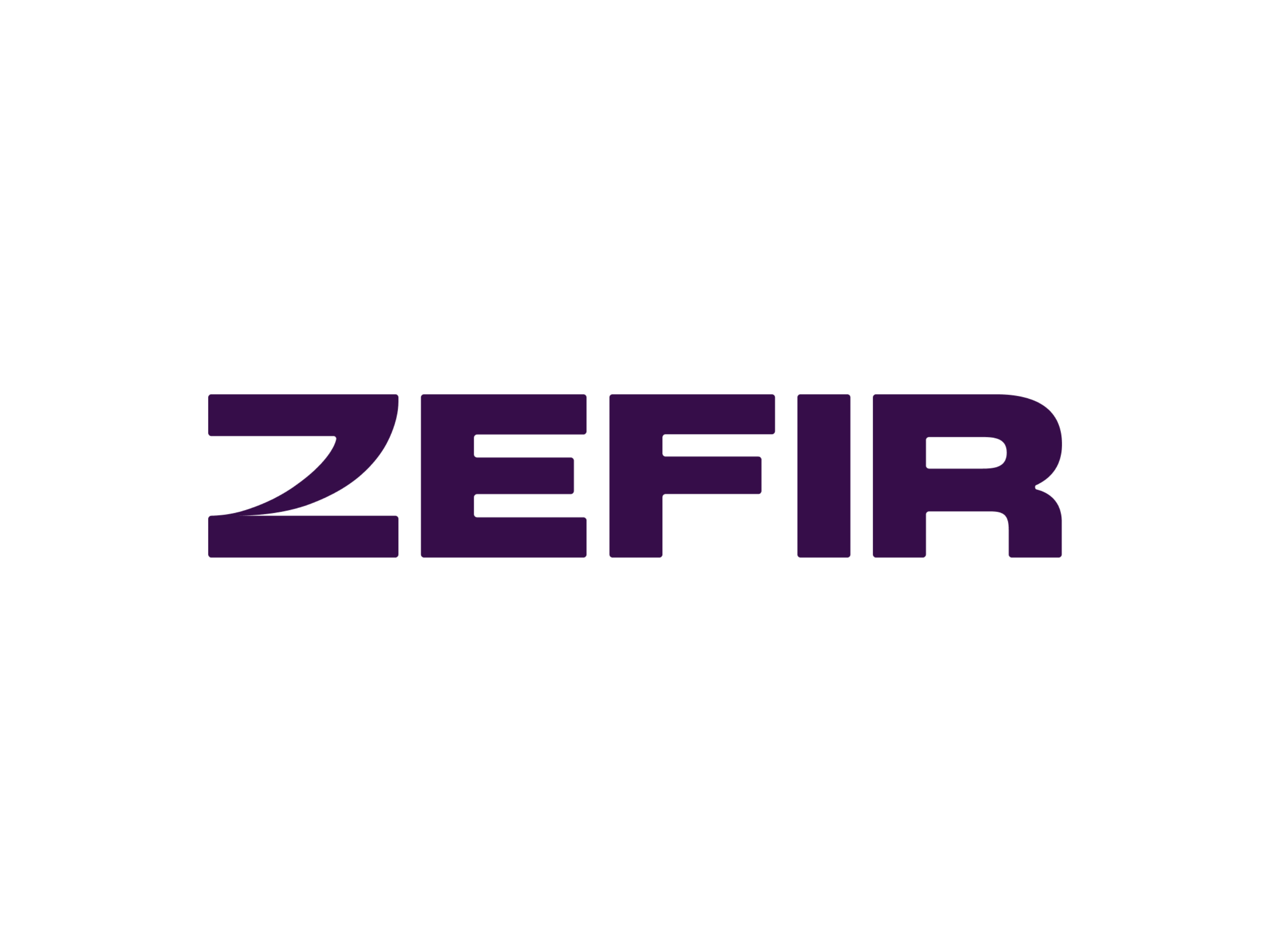 ZEFIR brand logo in bold, dark purple letters on black background.