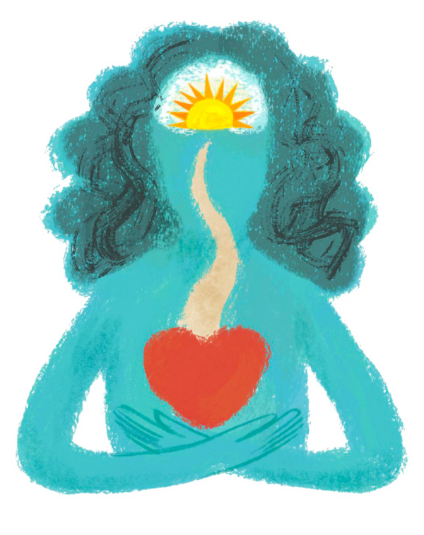 An illustrated woman with a heart leading into the sky.