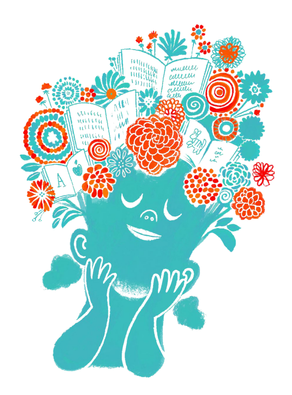 An illustrated woman with a heart leading into the sky.