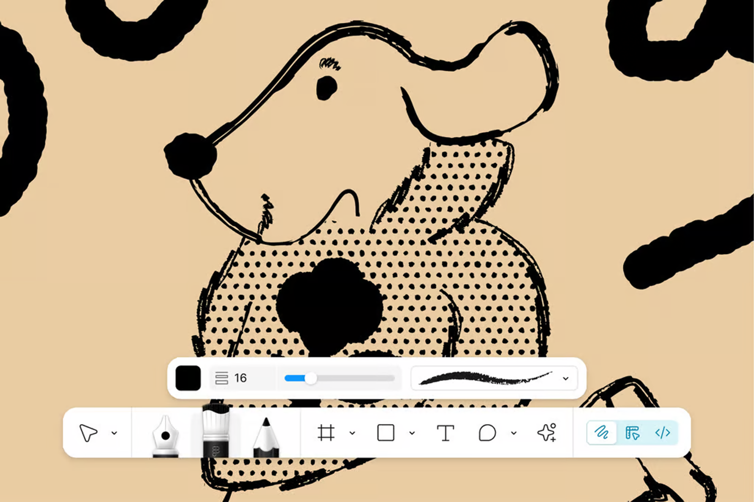 A playful sketch drawn in Figma Draw, demonstrating pen tool options and textured brush strokes.
