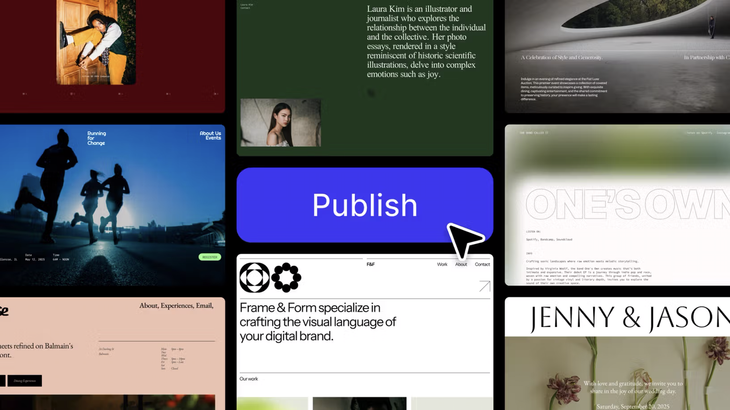 Various responsive website examples showcased in Figma Sites, including creative portfolio and event pages.