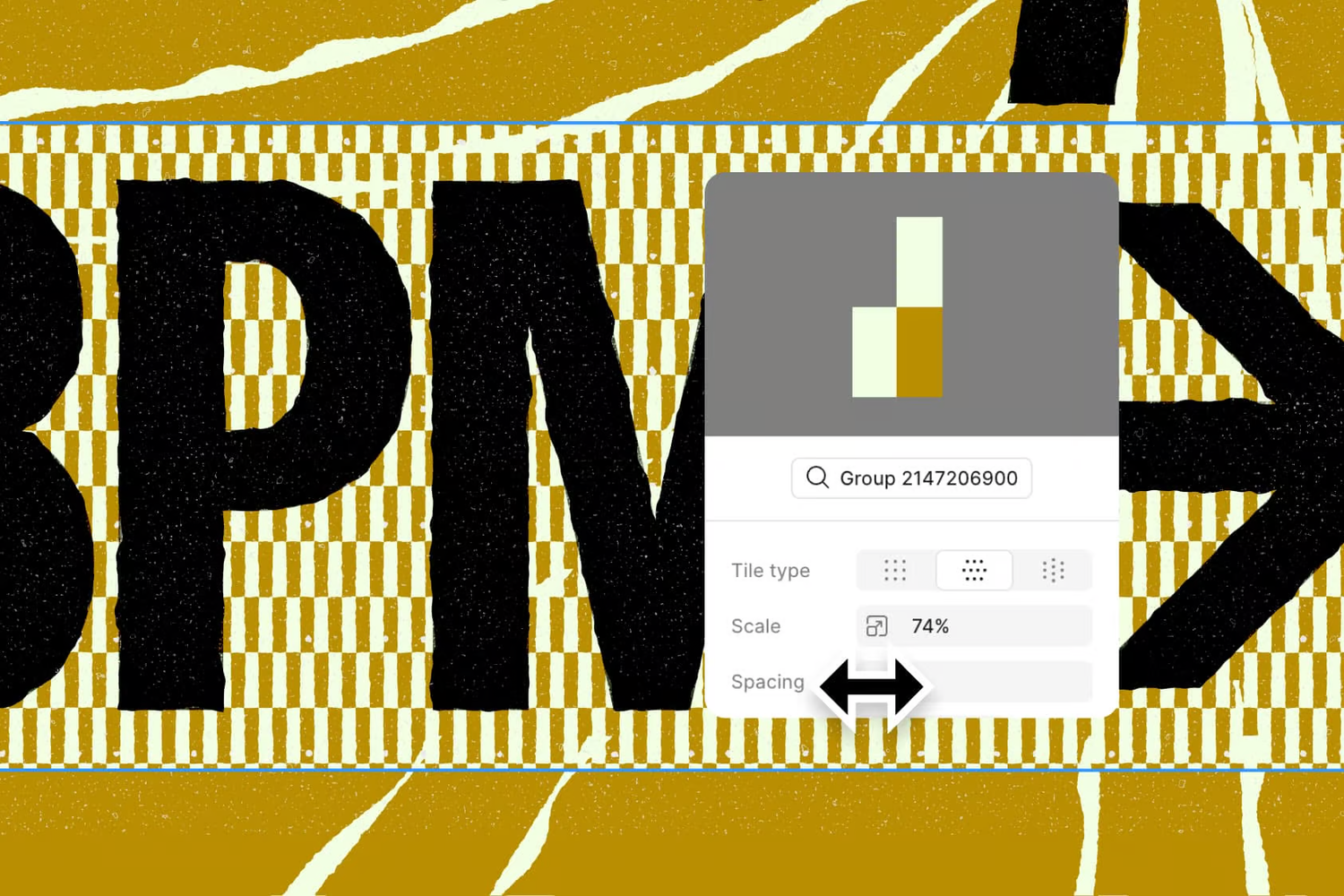 Close-up view of a grid editor interface with spacing and scaling adjustments applied to bold text elements.