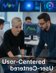 User-Centered → image of people engaging with digital products / research workshop.