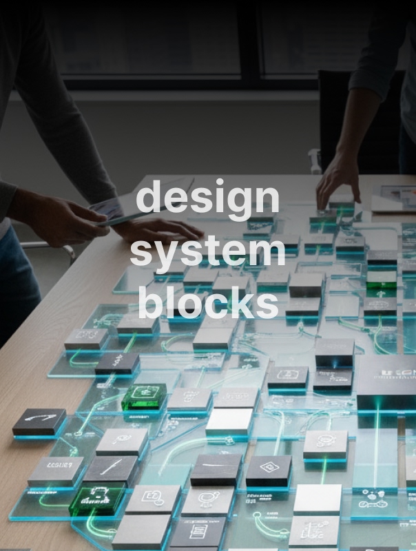 Modular design components (e.g., design system blocks), representing scale and structured thinking.