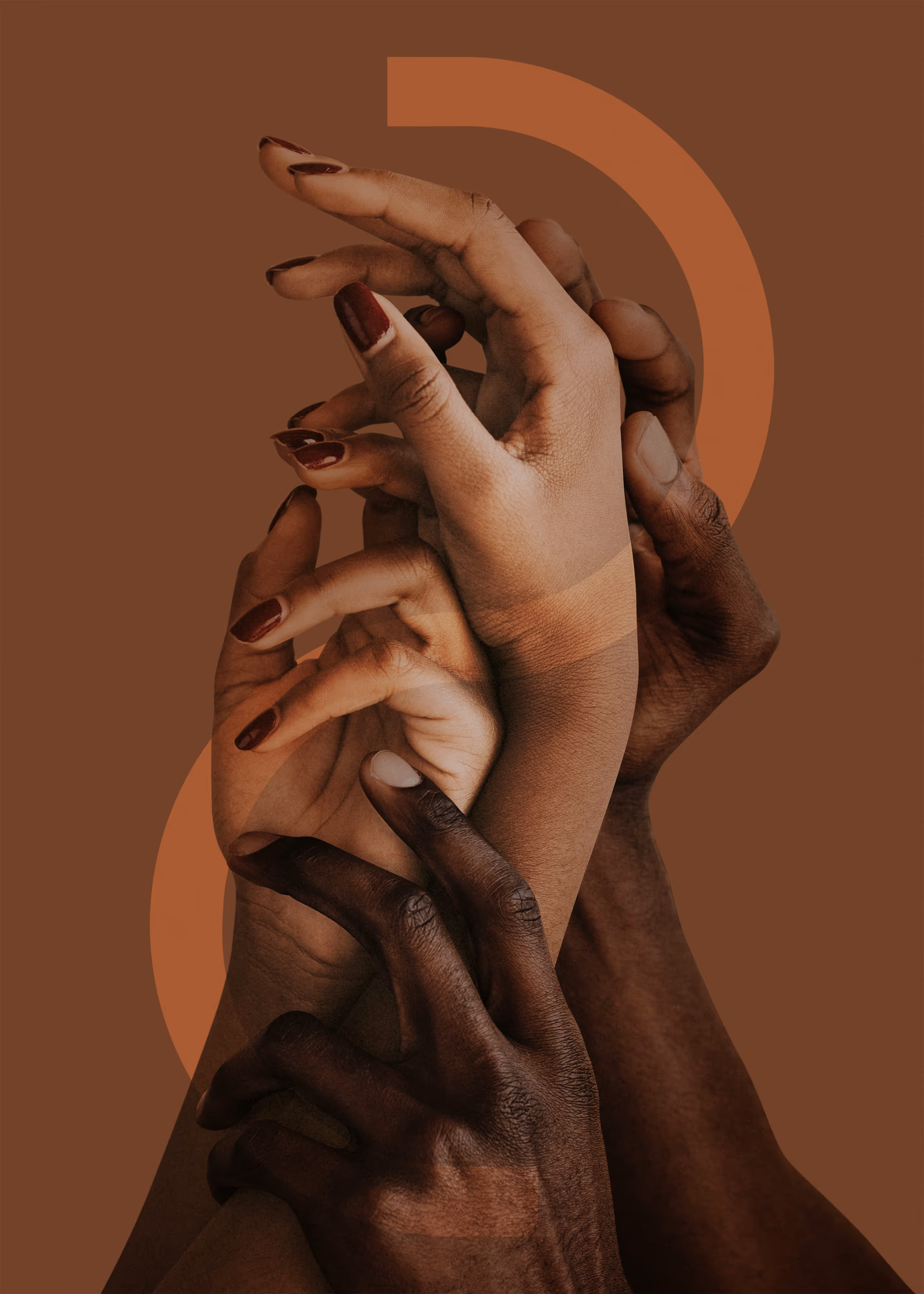 Multiple hands with different skin tones intertwined against a brown background with abstract curved shapes.