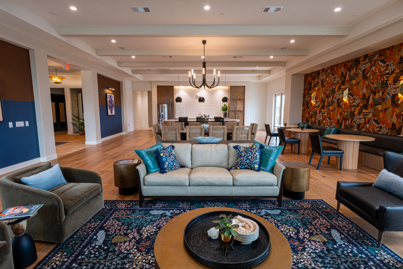Clubhouse seating area with sofa and coffee table
