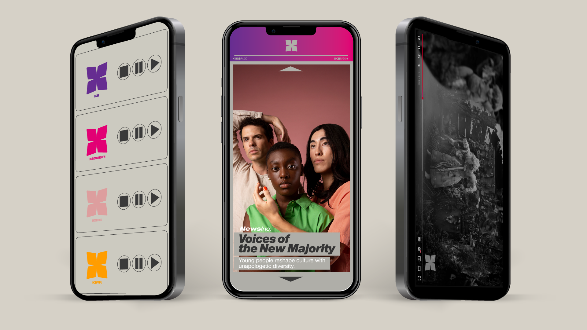 3 Iphones, die drei Screens von der IKS App zeigen.