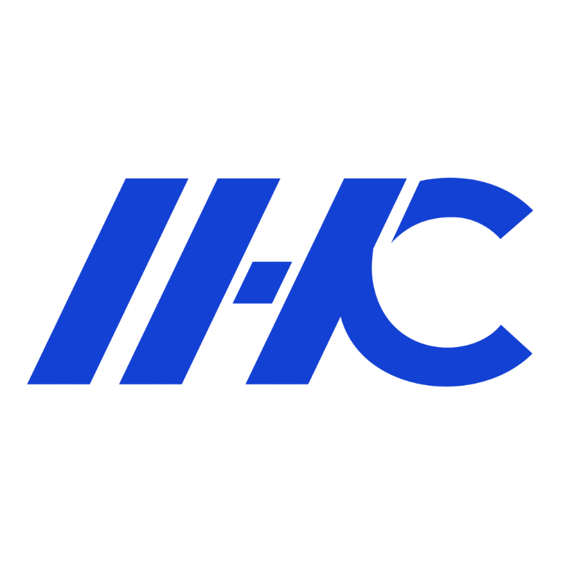 Blue stylized logo with two slanted parallel lines, a small horizontal rectangle, and a large curved shape resembling the letter C.
