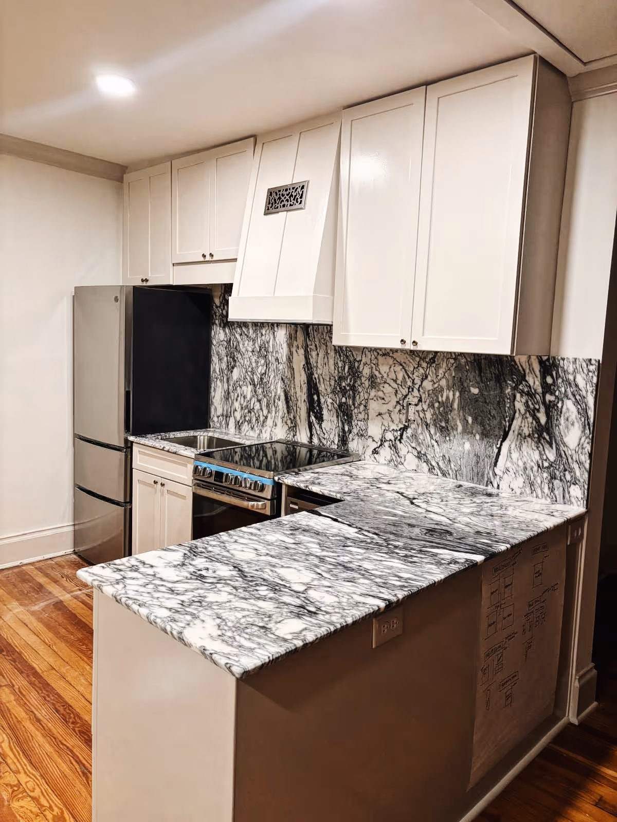 A marble countertop in a kitchen.