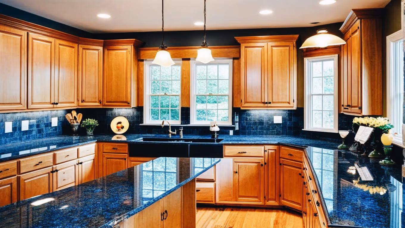 A kitchen with a granite counter top and wooden cabinets.