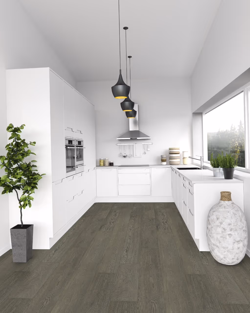 A kitchen with a white counter top and a large hanging light.