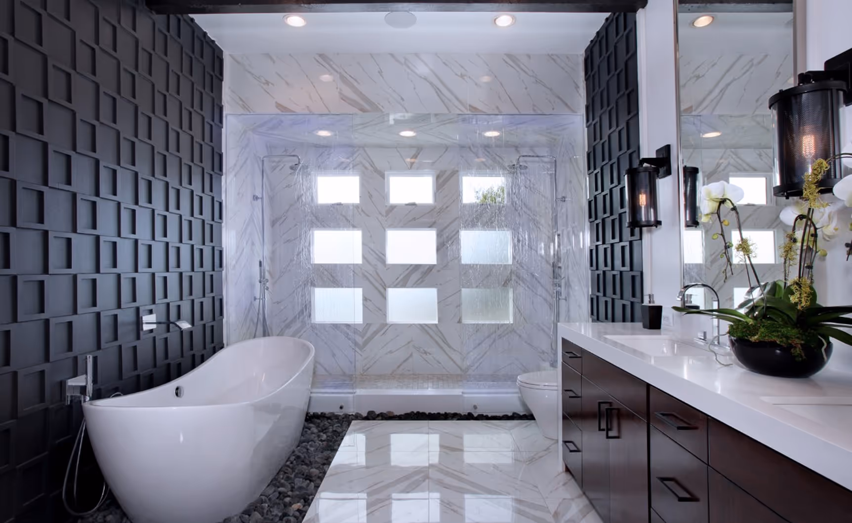 A large white bathroom with a marble floor and a bathtub.