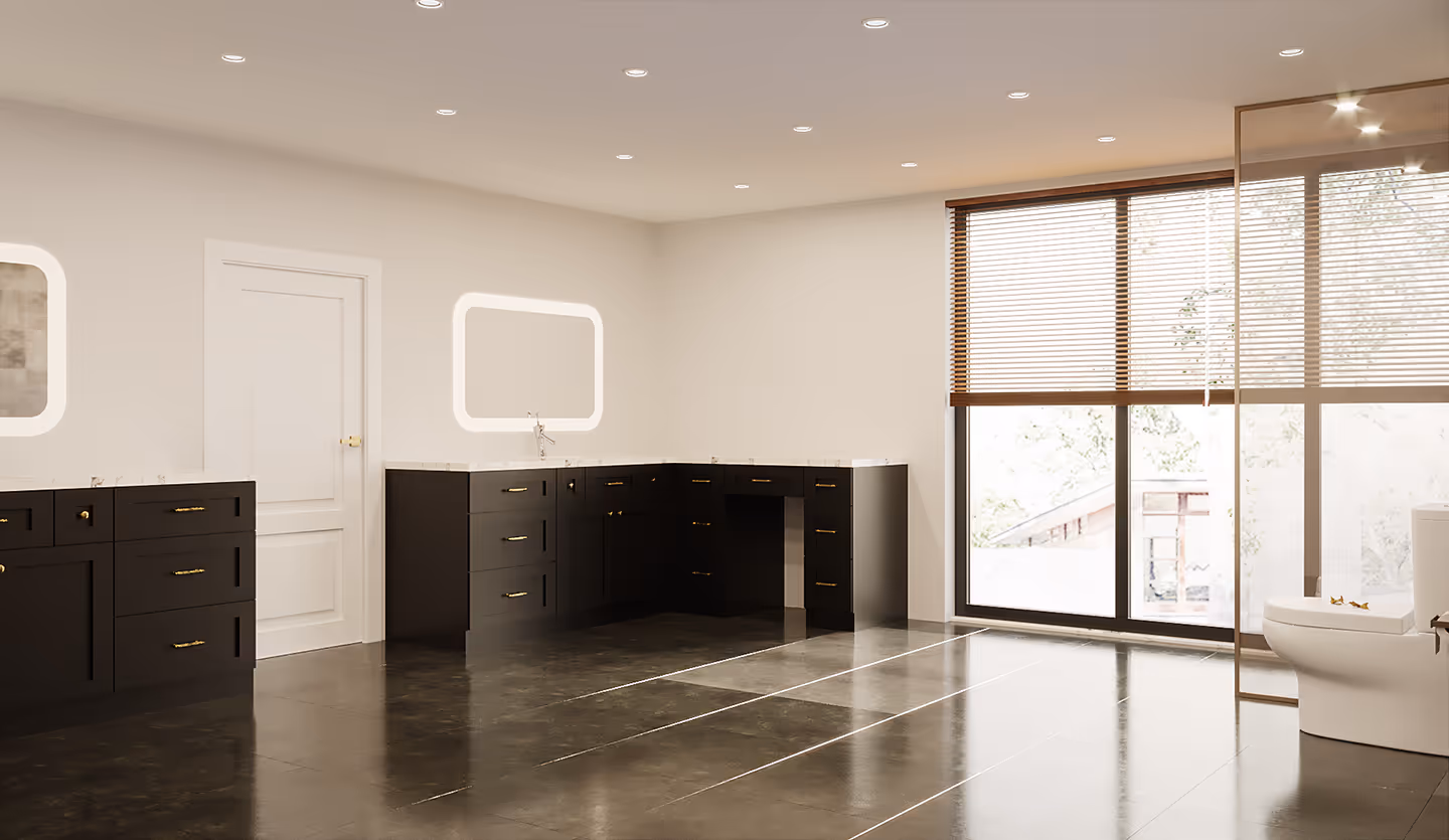 A bathroom with blue cabinets, a mirror and a window.