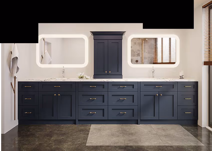 A bathroom with a blue cabinet and a mirror.
