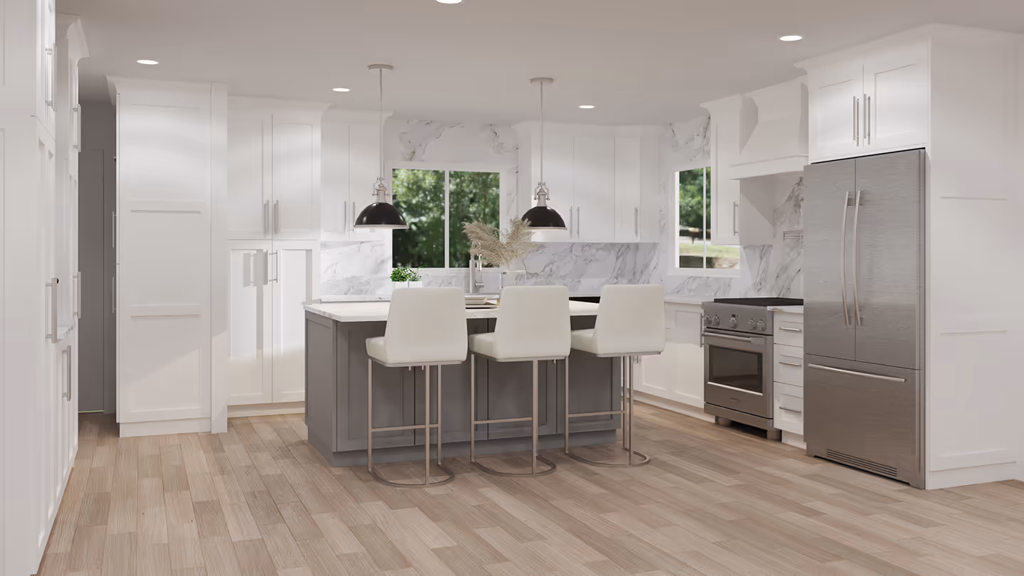 A kitchen with white countertops and stools.