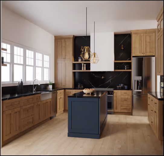 A kitchen with a blue countertop and brown cabinets.