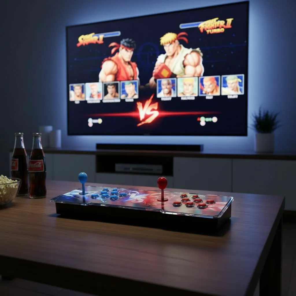 Arcade-style game controller with blue and red joysticks on a table in front of a TV screen showing Street Fighter II character selection.