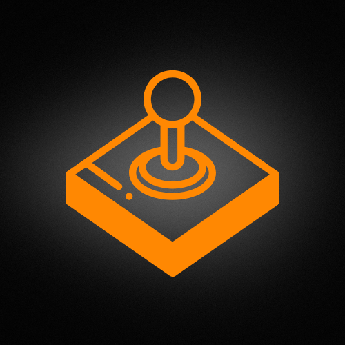 Orange retro joystick icon on a dark gradient background.