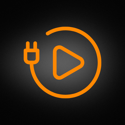 Orange power plug icon forming a circle around an orange play button on a dark gradient background.