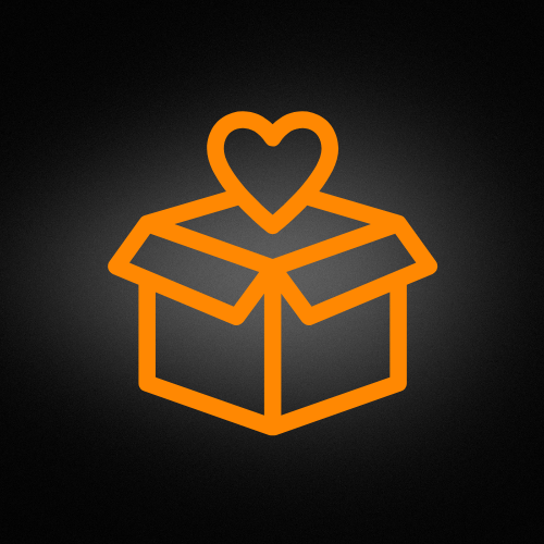 Orange outline of an open box with a heart shape rising above it on a dark gradient background.