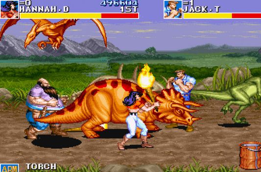 Pixelated video game scene with characters Hannah D and Jack T battling dinosaurs, one holding a torch.