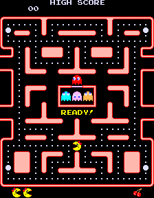 Classic Pac-Man arcade game screen showing Pac-Man and four ghosts in a maze with dots and the word READY.