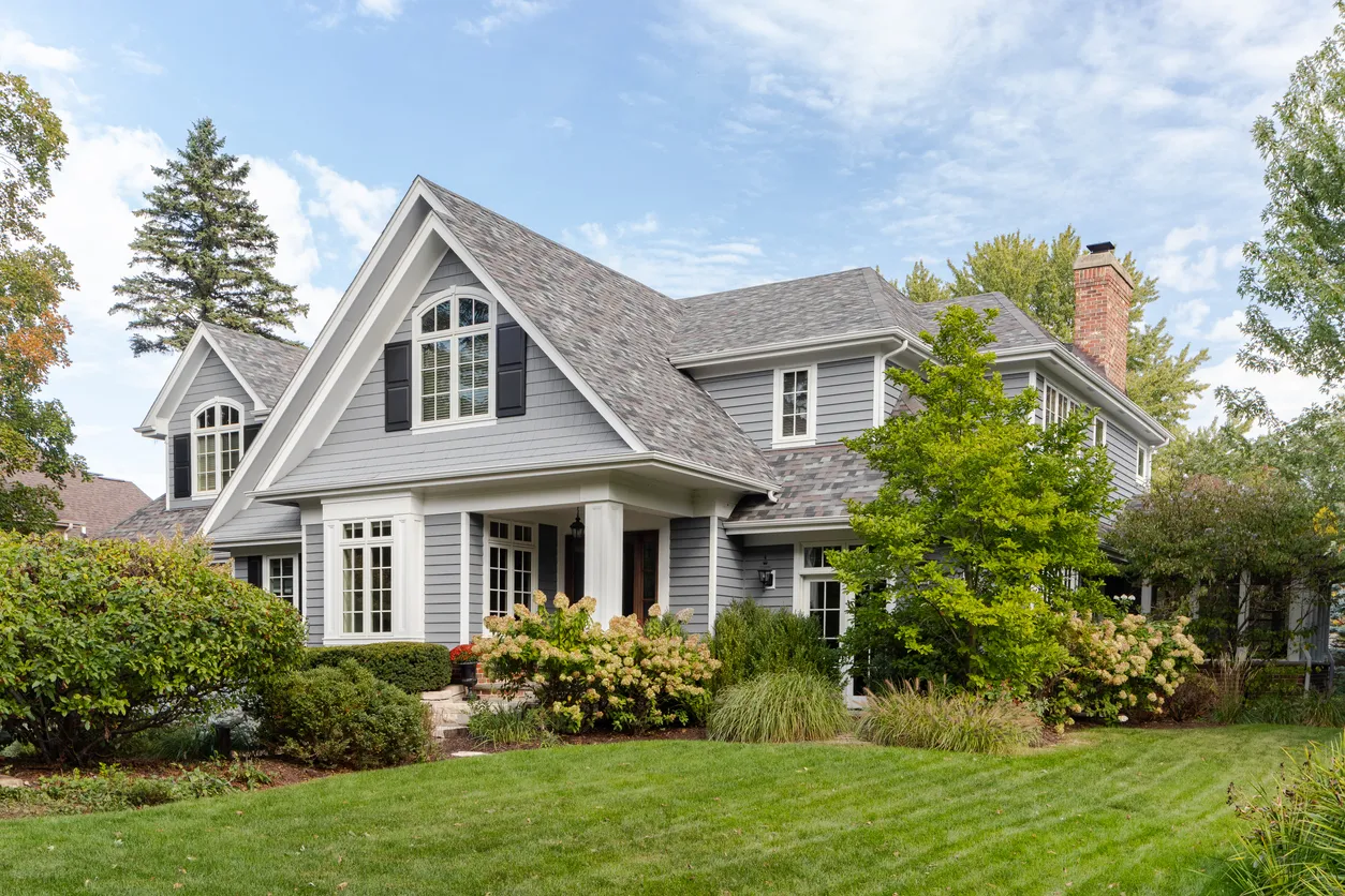 The exterior and lawn of a two-story, Cary, NC home