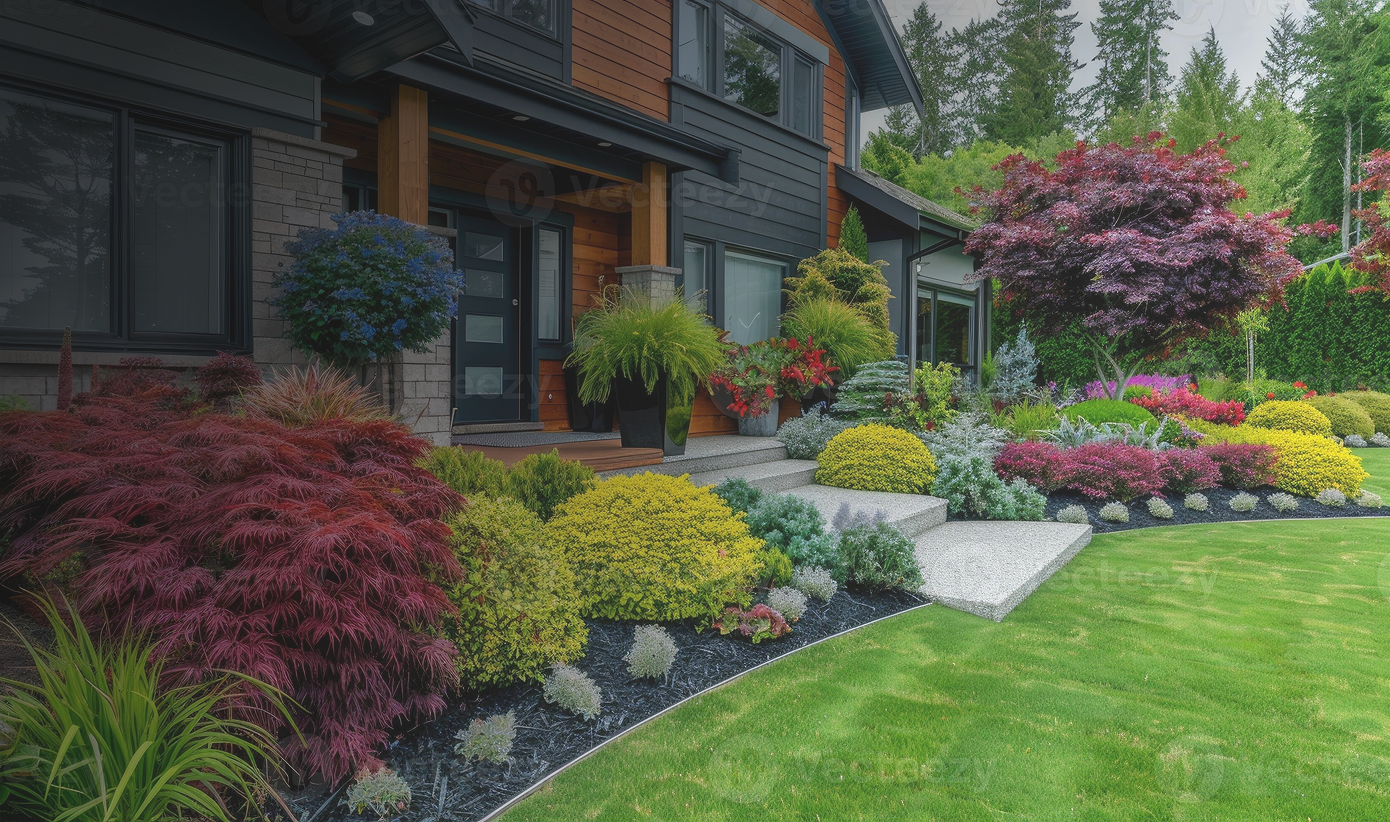 A vibrant front yard at Avalawn, featuring a variety of colorful plants in full bloom.